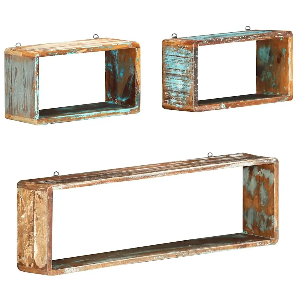 3 Piece Cube Shelves Set Floating Storage Display Solid Wood Reclaimed Brown