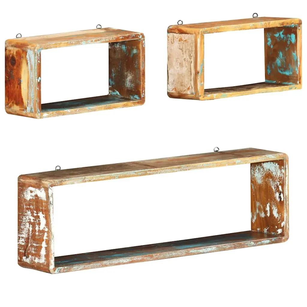3 Piece Cube Shelves Set Floating Storage Display Solid Wood Reclaimed Brown