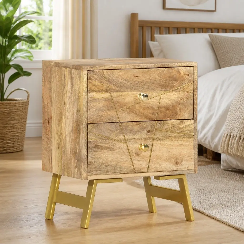 Solid Mango Wood Bedside Cabinet with 2 Drawers