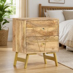 Solid Mango Wood Bedside Cabinet with 2 Drawers