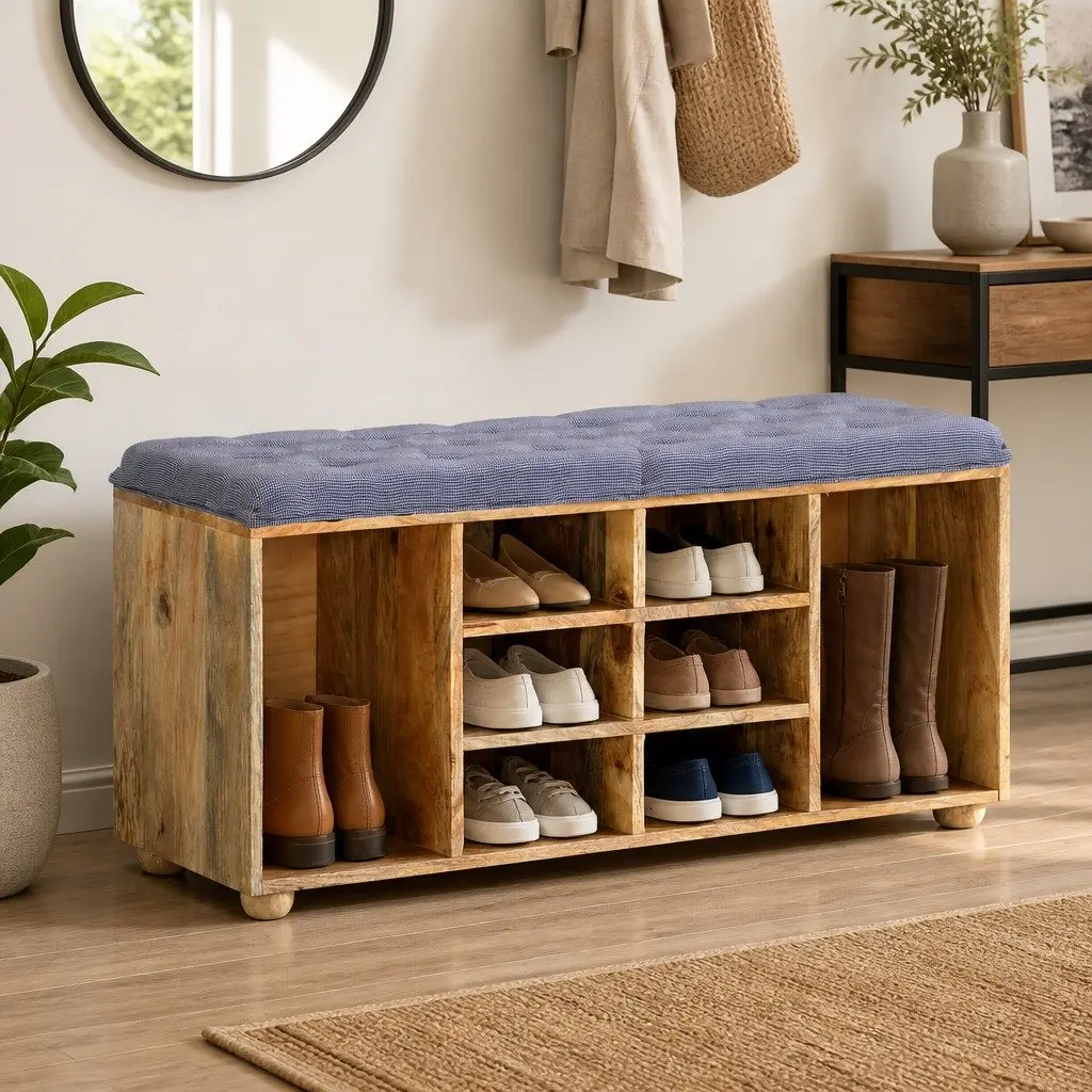 Solid Wood Storage Bench with Padded Seat for Entryway