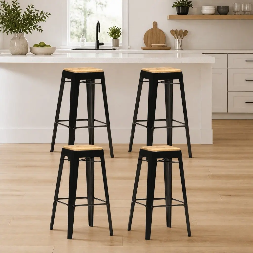 4 Piece Set Bar Stools Black Powder Coated Steel Legs Solid Mango Wood Kitchen Dining Chairs