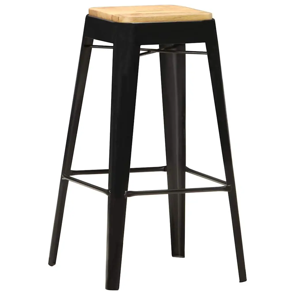 4 Piece Set Bar Stools Black Powder Coated Steel Legs Solid Mango Wood Kitchen Dining Chairs