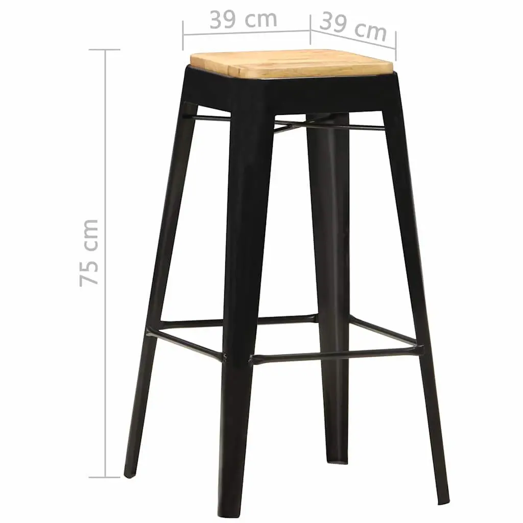 4 Piece Set Bar Stools Black Powder Coated Steel Legs Solid Mango Wood Kitchen Dining Chairs