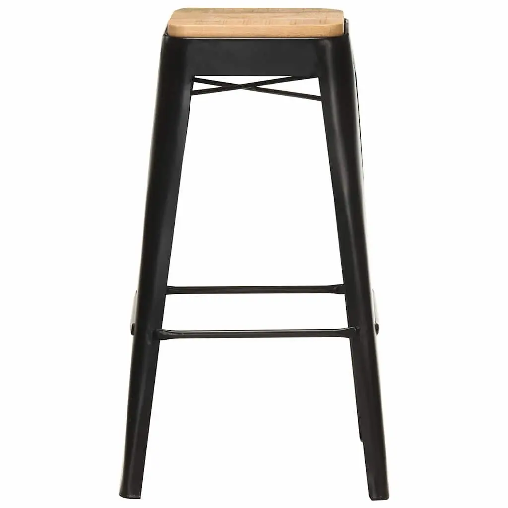 4 Piece Set Bar Stools Black Powder Coated Steel Legs Solid Mango Wood Kitchen Dining Chairs