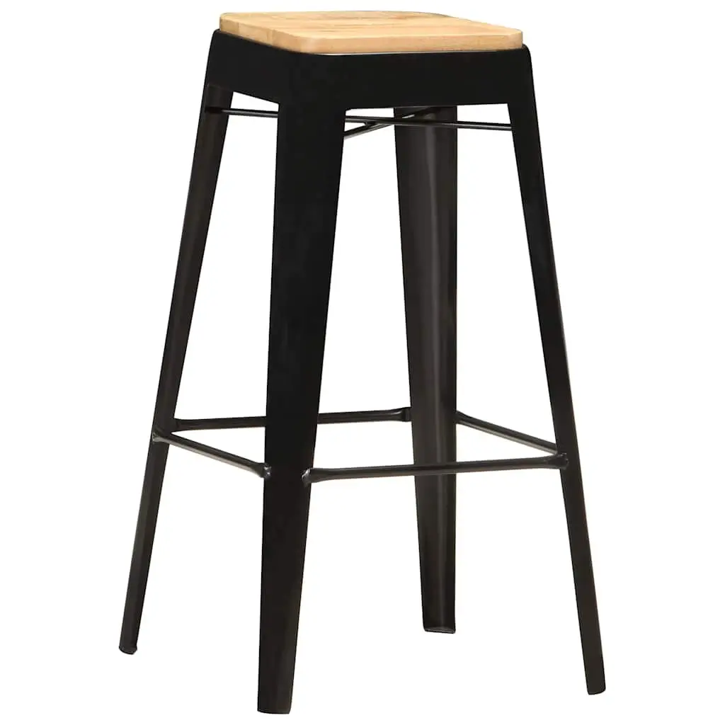4 Piece Set Bar Stools Black Powder Coated Steel Legs Solid Mango Wood Kitchen Dining Chairs