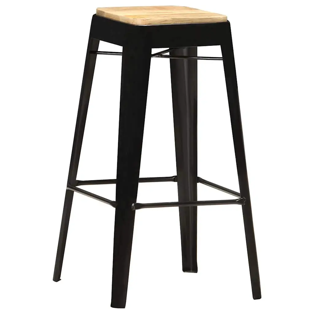 4 Piece Set Bar Stools Black Powder Coated Steel Legs Solid Mango Wood Kitchen Dining Chairs