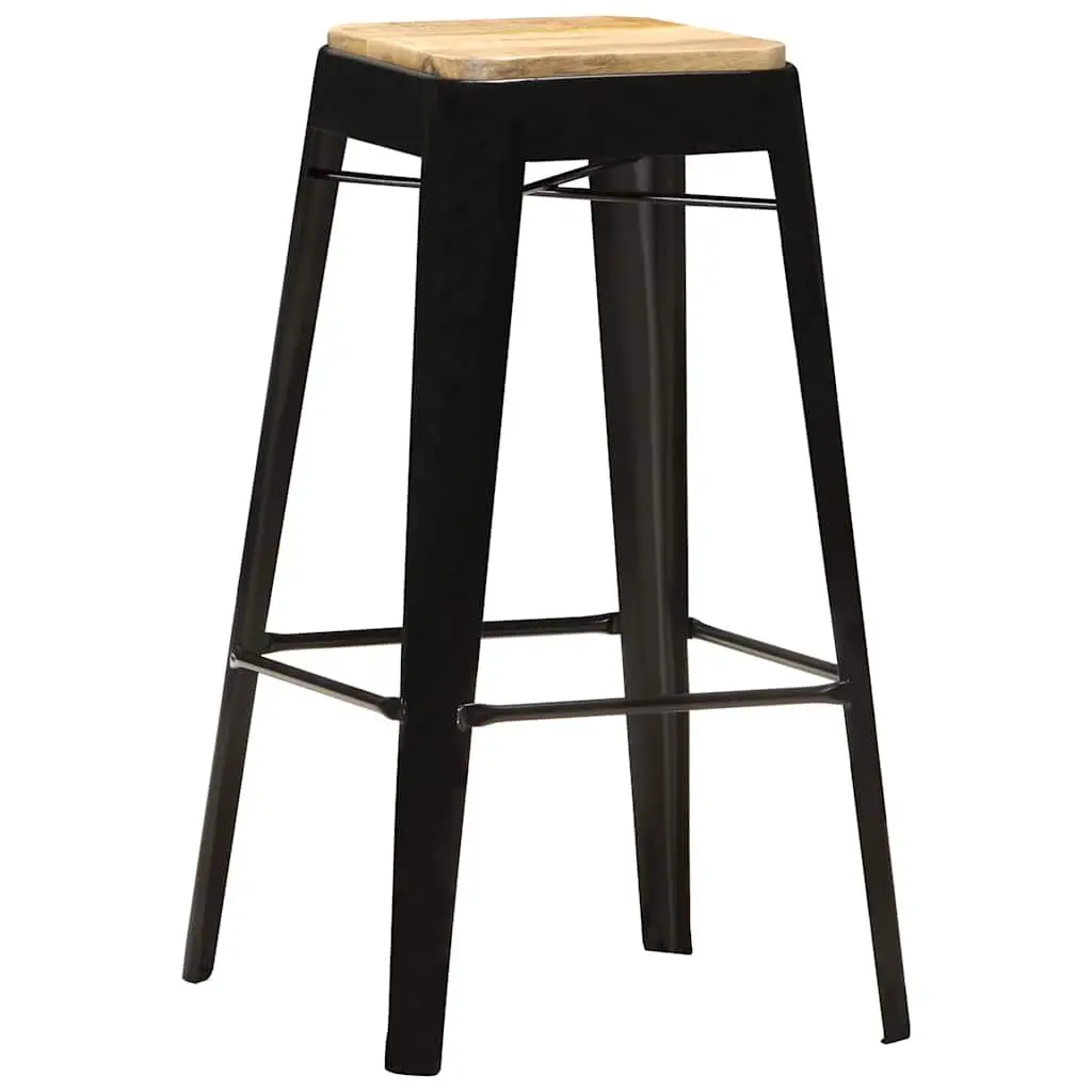 4 Piece Set Bar Stools Black Powder Coated Steel Legs Solid Mango Wood Kitchen Dining Chairs