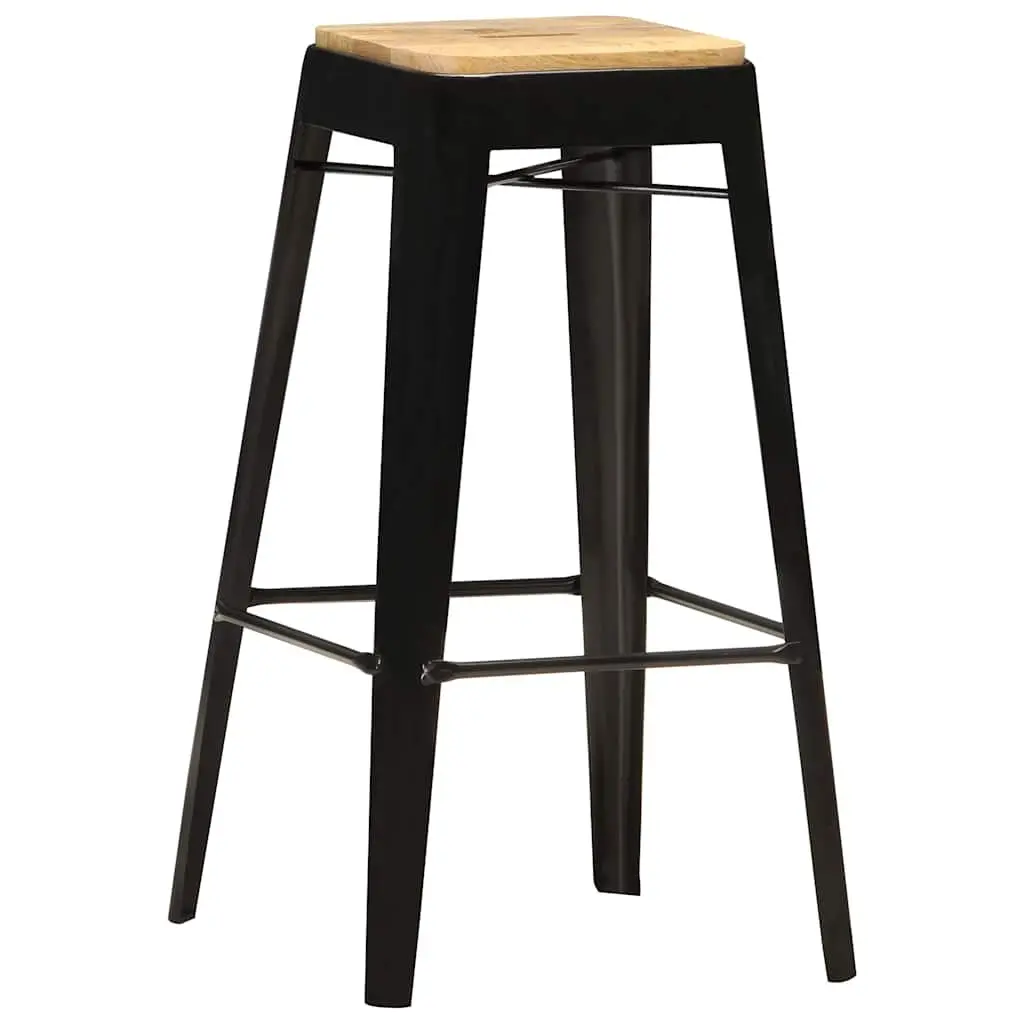 4 Piece Set Bar Stools Black Powder Coated Steel Legs Solid Mango Wood Kitchen Dining Chairs
