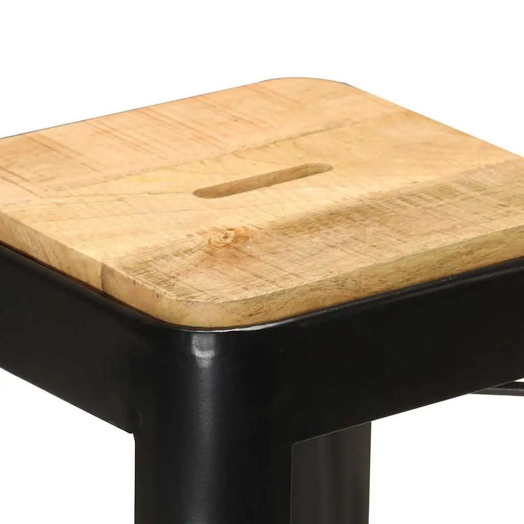 4 Piece Set Bar Stools Black Powder Coated Steel Legs Solid Mango Wood Kitchen Dining Chairs