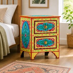 Hand Painted Multicolour Mango Wood Nightstand 40x30x50cm