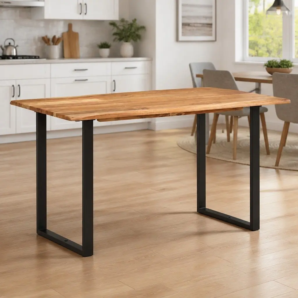 Rustic Acacia Wood Dining Table with Steel Legs