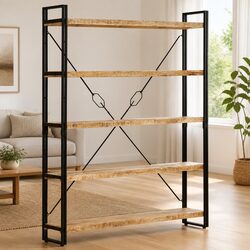 5-Tier Bookcase in Solid Mango Wood and Steel Frame