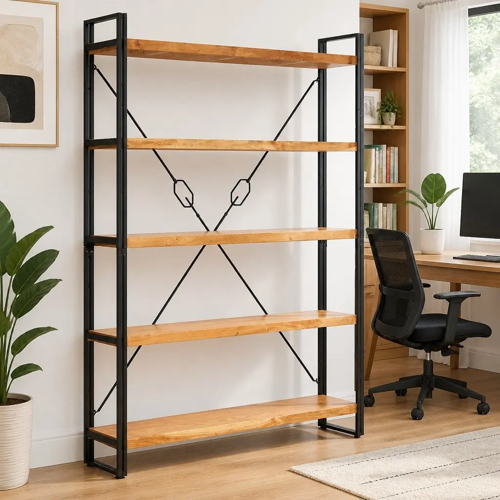5-Tier Bookcase Industrial Style 140x30x180cm Solid Acacia Wood Steel Frame