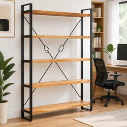 5-Tier Acacia Wood Bookcase with Steel Frame 140x30x180cm