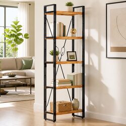 5-Tier Bookcase in Solid Acacia Wood and Steel Frame