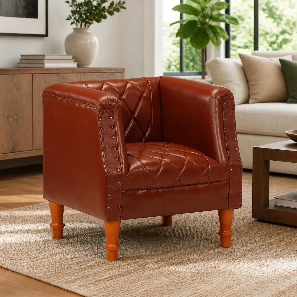 Tub Chair Brown Goat Leather Padded Comfort Solid Mango Wood Legs
