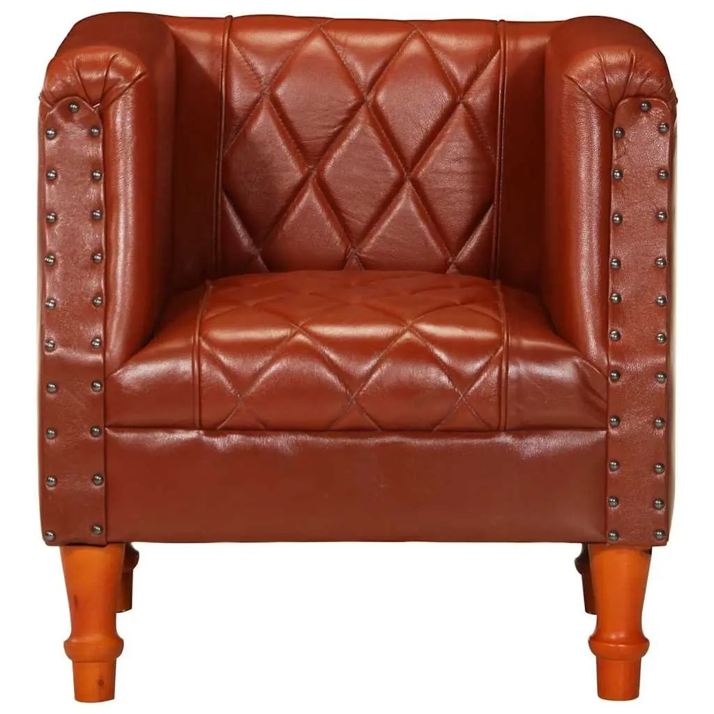 Tub Chair Brown Goat Leather Padded Comfort Solid Mango Wood Legs