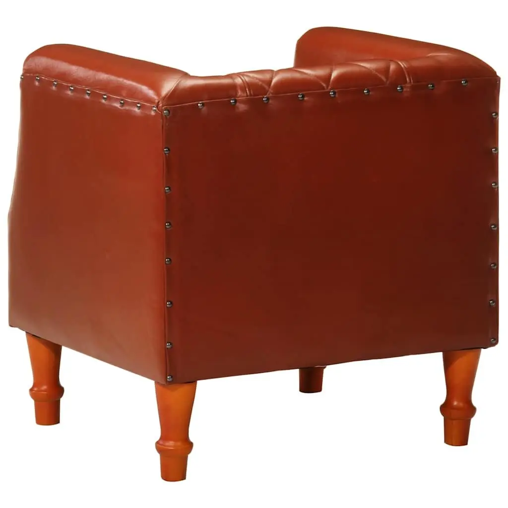 Tub Chair Brown Goat Leather Padded Comfort Solid Mango Wood Legs