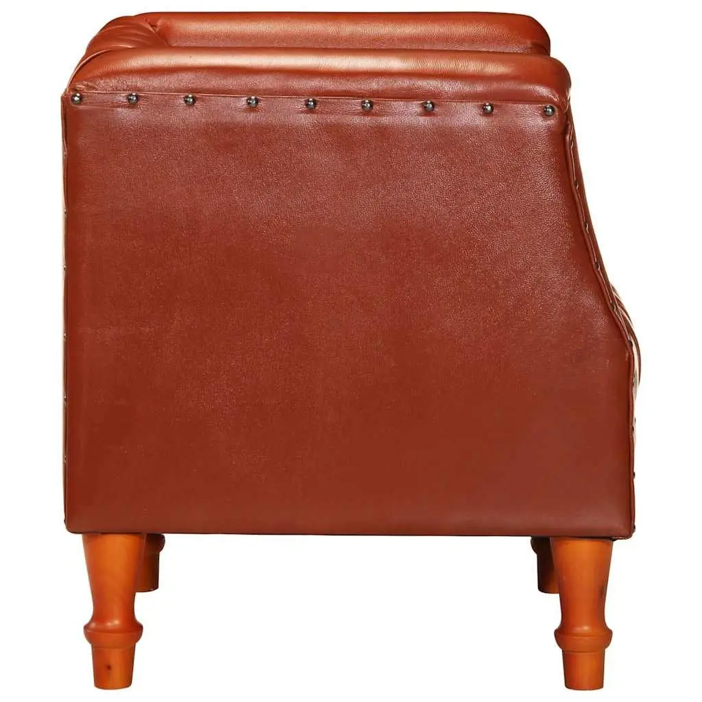 Tub Chair Brown Goat Leather Padded Comfort Solid Mango Wood Legs
