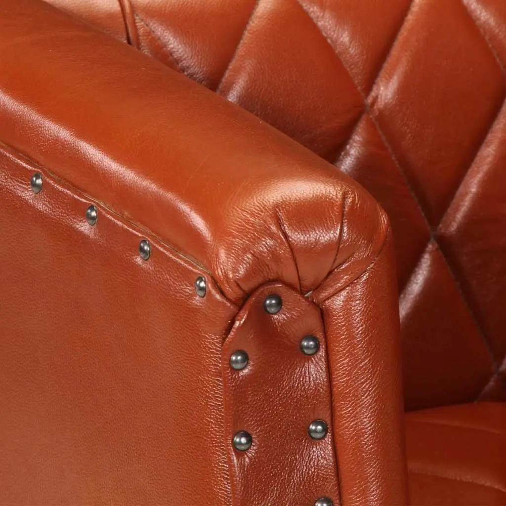 Tub Chair Brown Goat Leather Padded Comfort Solid Mango Wood Legs