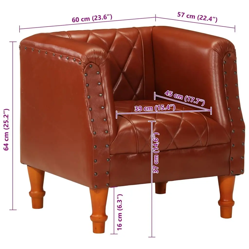 Tub Chair Brown Goat Leather Padded Comfort Solid Mango Wood Legs