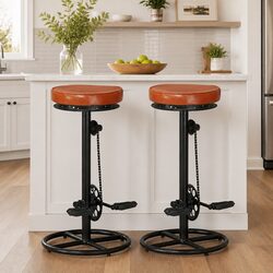 Set of 2 Brown Goat Leather Bar Stools with Footrest