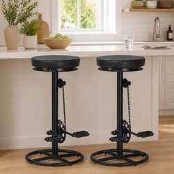 Industrial Black Leather Bar Stools with Footrest, 2 pcs