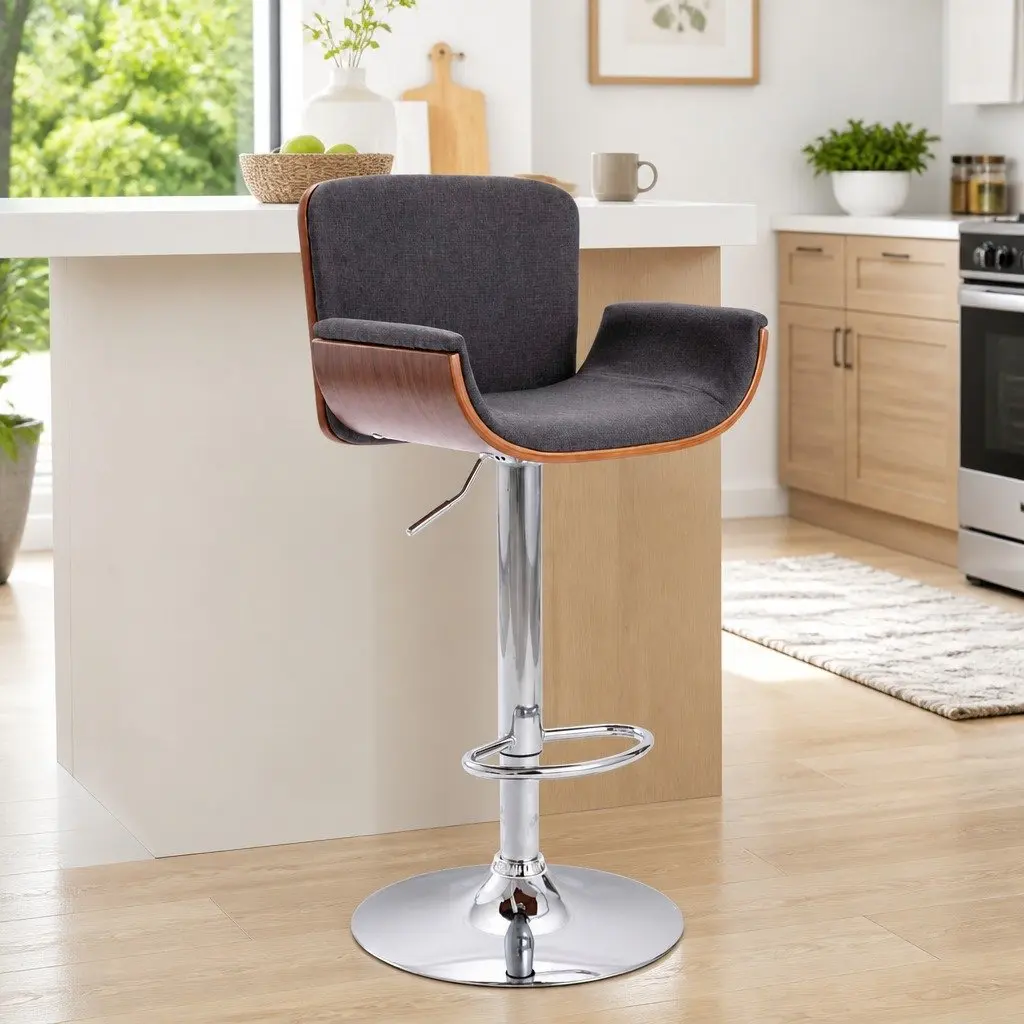Bar Stool Grey Fabric Padded Seat Wooden Frame Metal Footrest Gas Lift Height