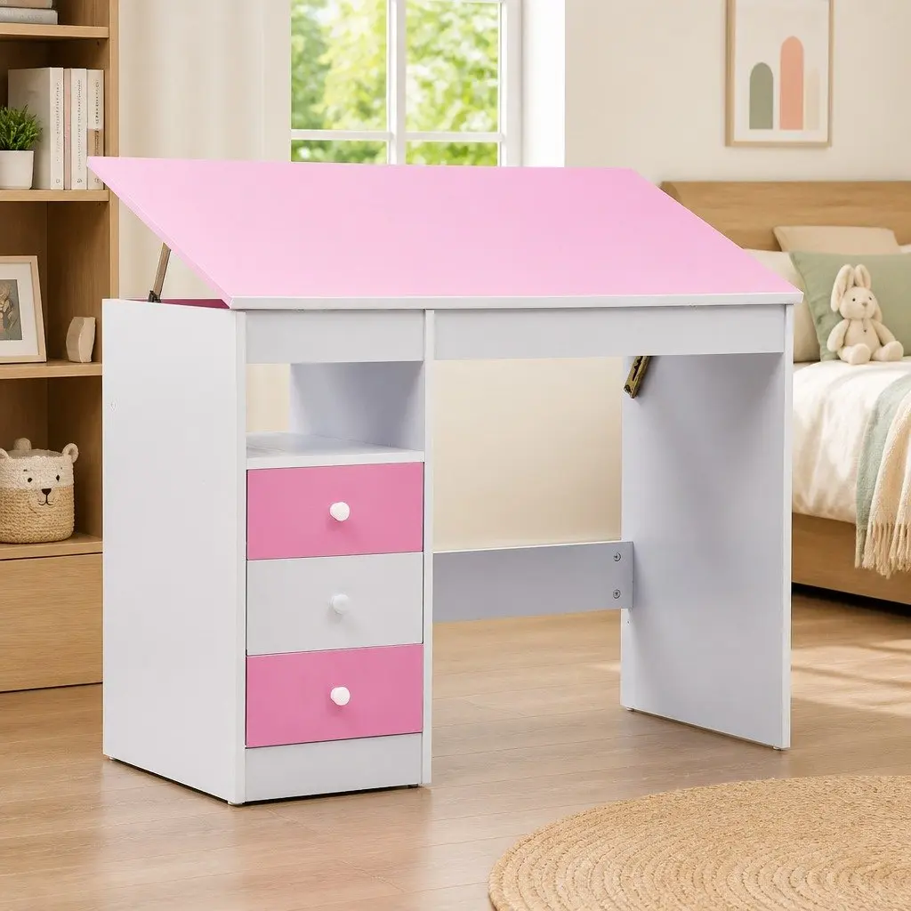Kids' Art Study Desk with Tiltable Pink and White Top