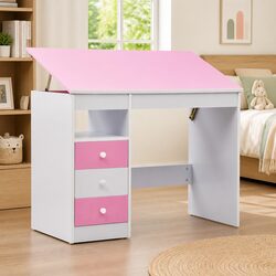 Kids' Art Study Desk with Tiltable Pink and White Top