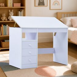 Children's White Drafting Table with Storage and Tiltable Top