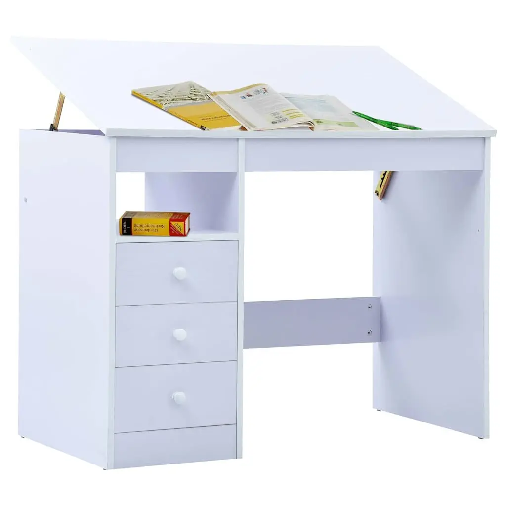 Children's White Drafting Table with Storage and Tiltable Top