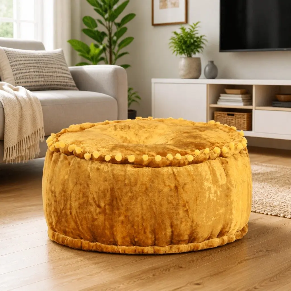 Round Velvet Pouffe Ottoman Footrest Seat 40x20cm Mustard Yellow