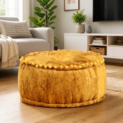 Mustard Yellow Round Velvet Pouffe Ottoman 40x20cm