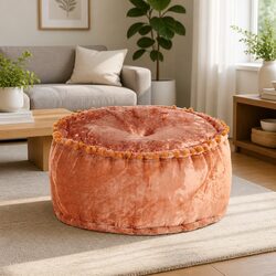 Beige Velvet Round Pouffe Ottoman for Cozy Spaces