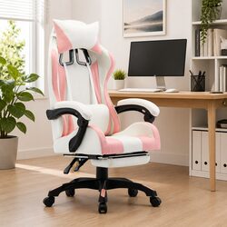 Reclining Faux Leather Office Chair in Pink and White