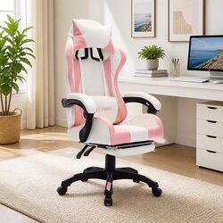Pink Racing Chair with RGB LED Lights and Reclining Footrest