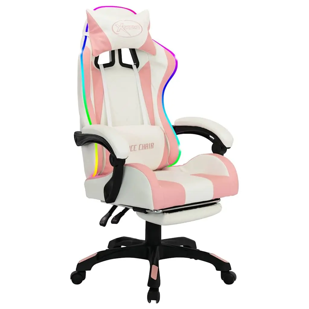 Racing Chair Gaming Office Desk Seat Pink Faux Leather Reclining Height Adjustable with RGB LED Lights and Footrest