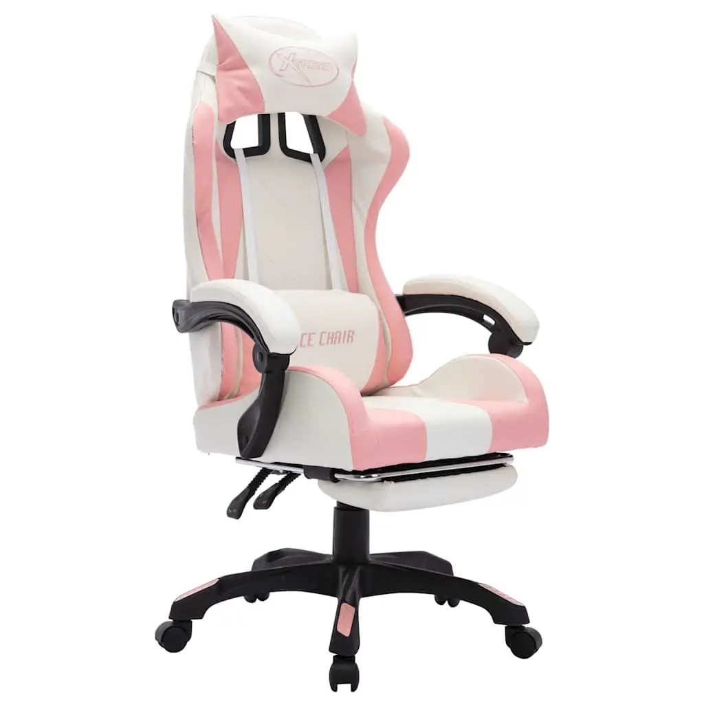 Racing Chair Gaming Office Desk Seat Pink Faux Leather Reclining Height Adjustable with RGB LED Lights and Footrest