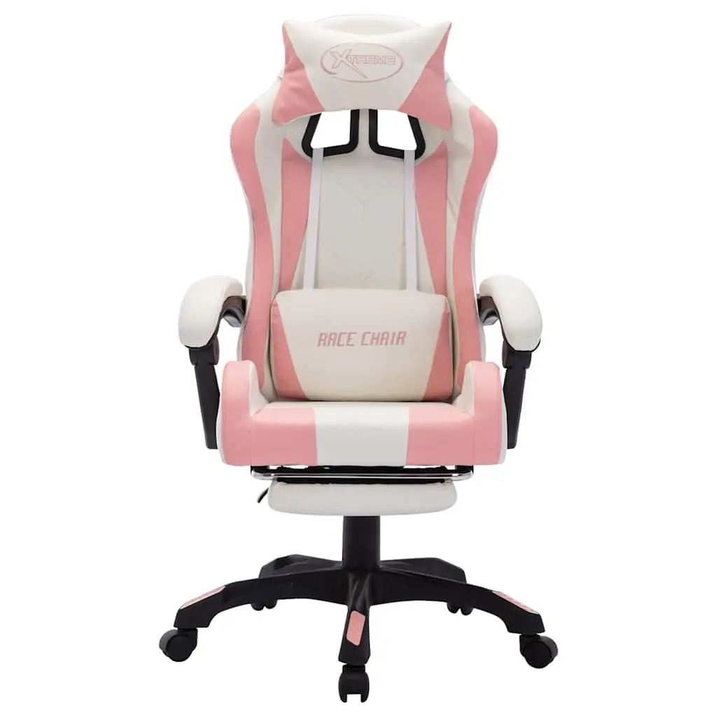 Racing Chair Gaming Office Desk Seat Pink Faux Leather Reclining Height Adjustable with RGB LED Lights and Footrest