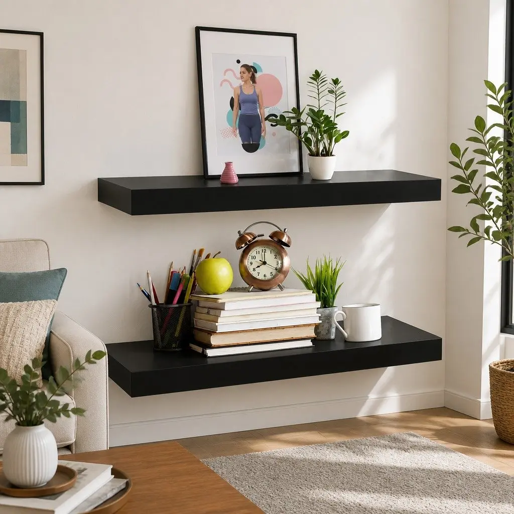 Floating Wall Shelves Black 40x20cm MDF Display Storage Organizer Set 2 Piece