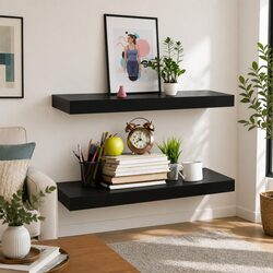 Set of 2 Black Floating Wall Shelves for Home Decor
