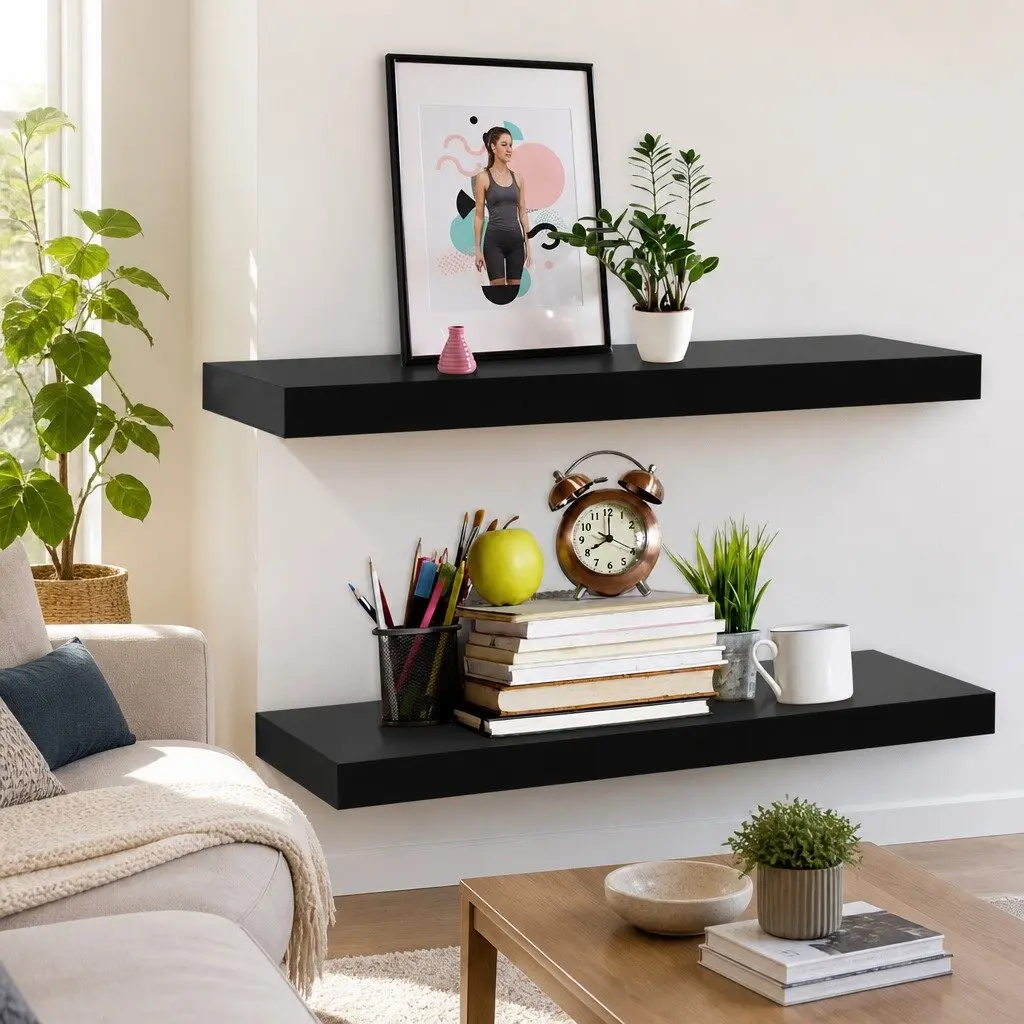 Floating Wall Shelves Black 60 x 20 x 3.8 cm MDF 2 Pieces
