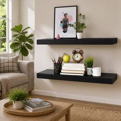 Black Floating Wall Shelves Set of 2 for Home Decor