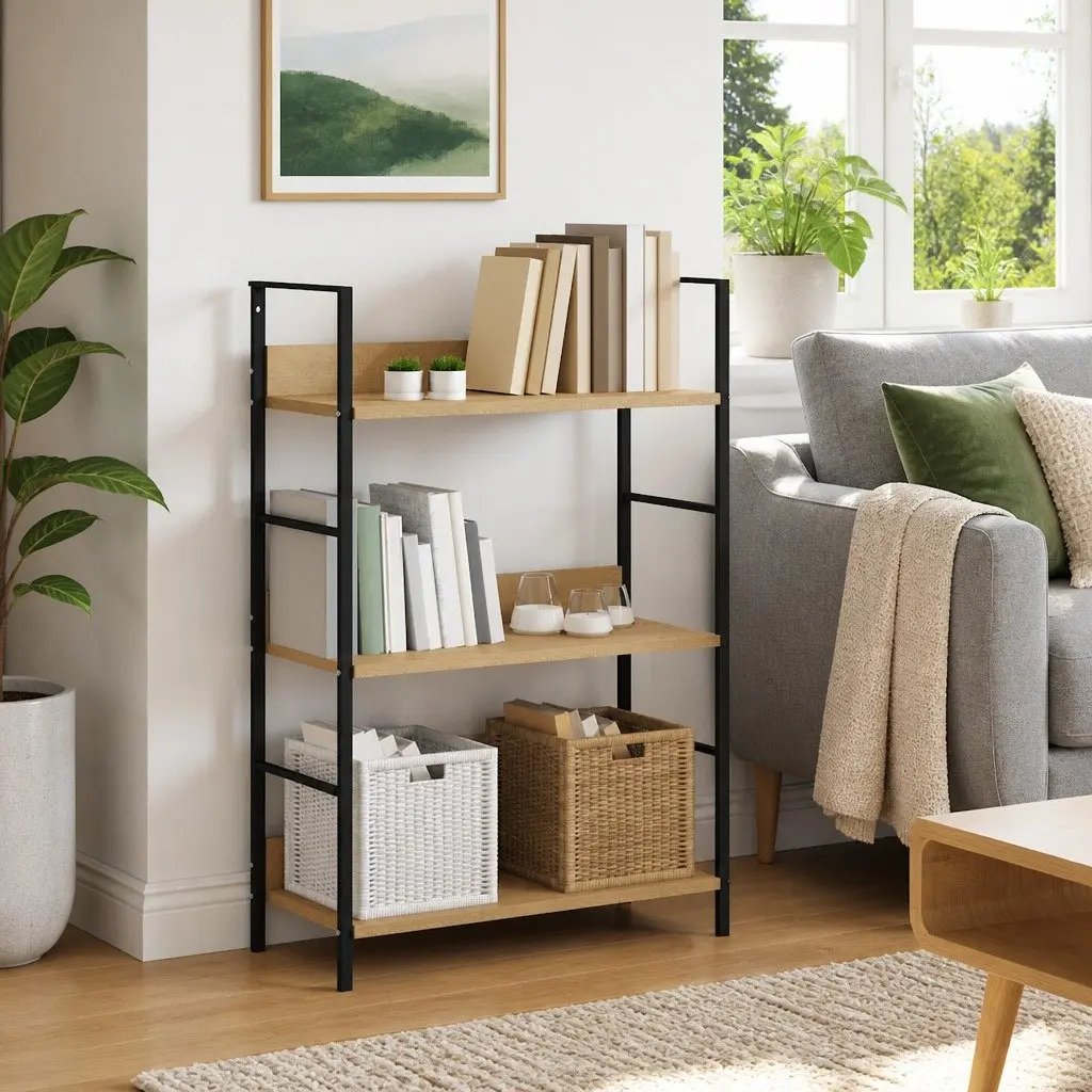 3 Layer Bookshelf Engineered Wood Brown Compact Storage Rack Display Unit