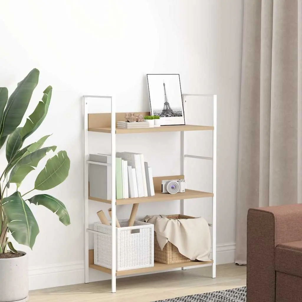 3-Layer Bookshelf Brown Engineered Wood Steel Frame Standing Cabinet Storage Display Rack