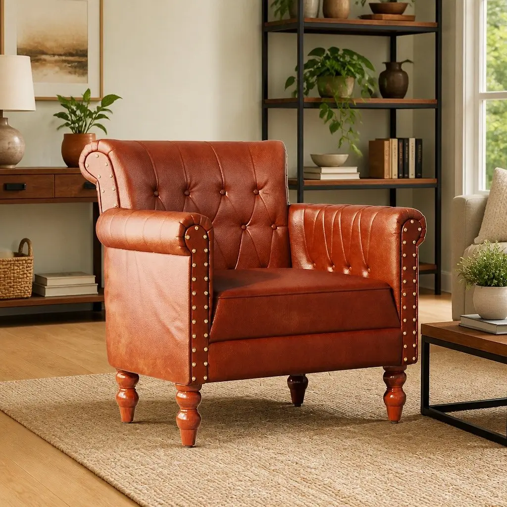 Armchair Upholstered Brown Real Goat Leather Solid Mango Wood Legs Living Room