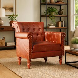 Brown Goat Leather Armchair with Mango Wood Legs