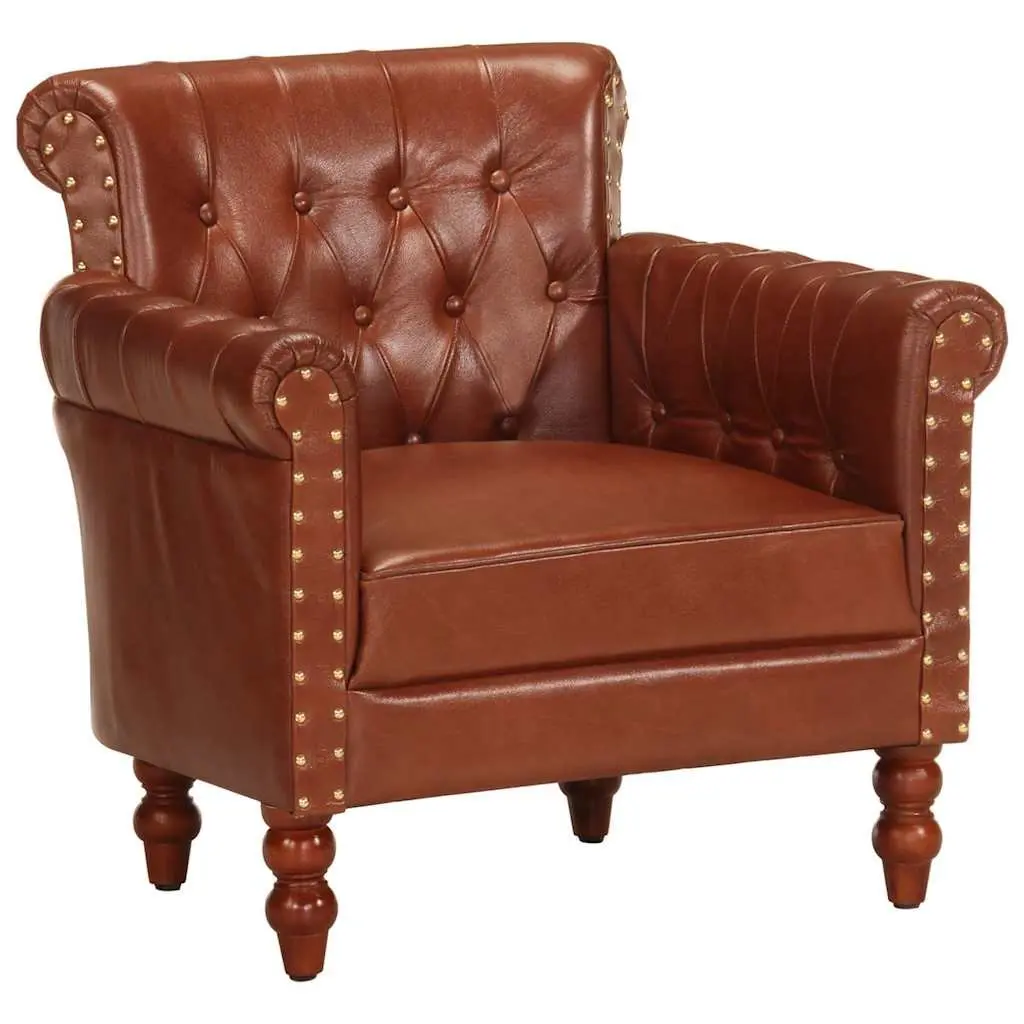 Armchair Upholstered Brown Real Goat Leather Solid Mango Wood Legs Living Room